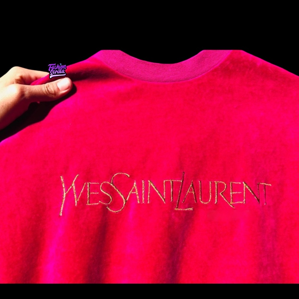 Yves Saint Laurent Fuchsia Pink Gold Embroidered Logo Velvet Velour Sweatshirt - Picture 2 of 6